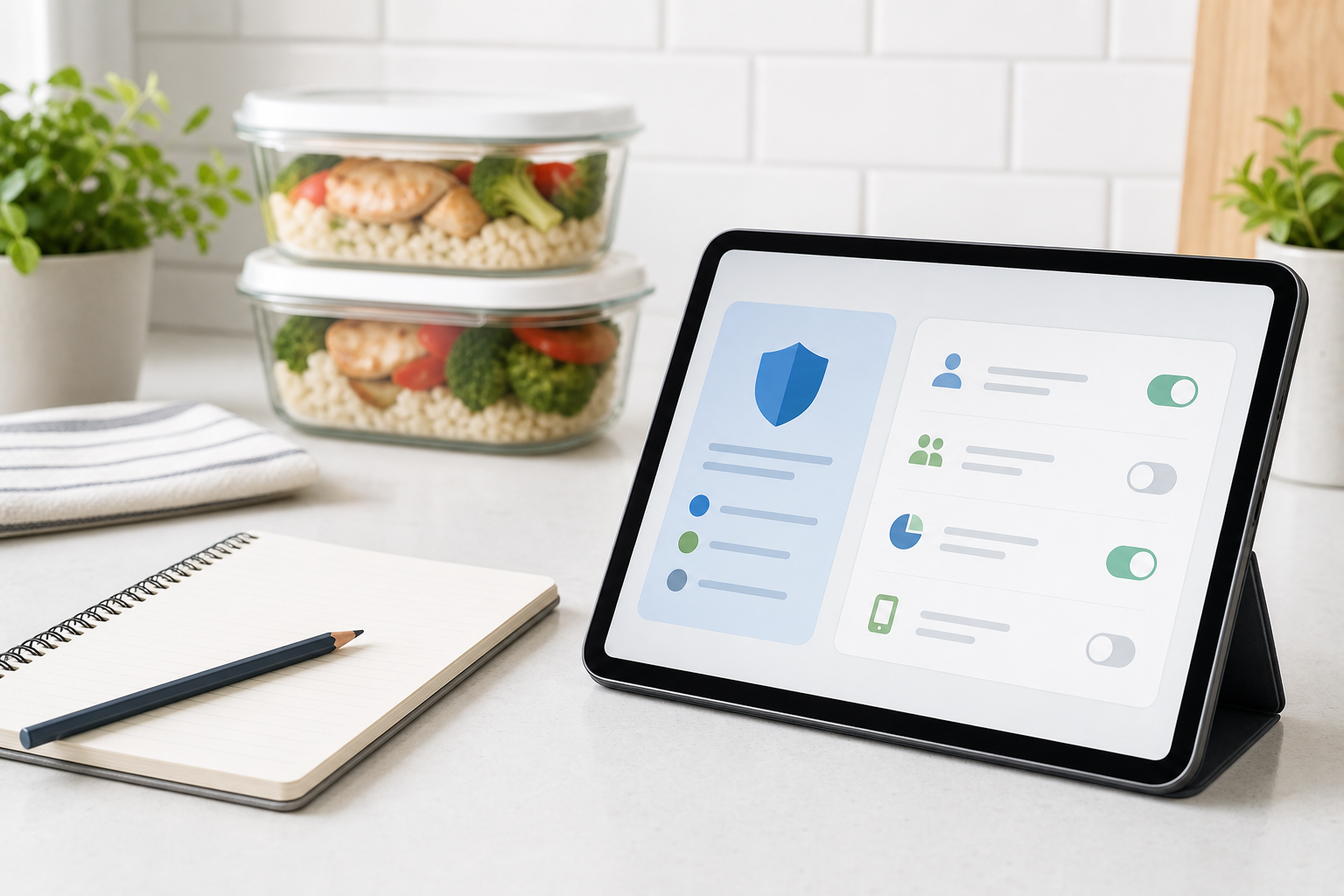 Tablet and notebook on a kitchen counter for household food-log planning